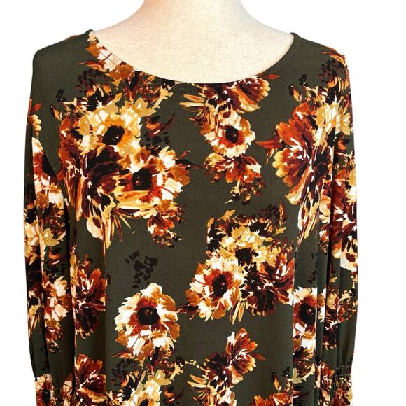 Madison Leigh Woman Size 20W Shift Dress Green Floral Long Sleeve Stretch Fall - Picture 2 of 8